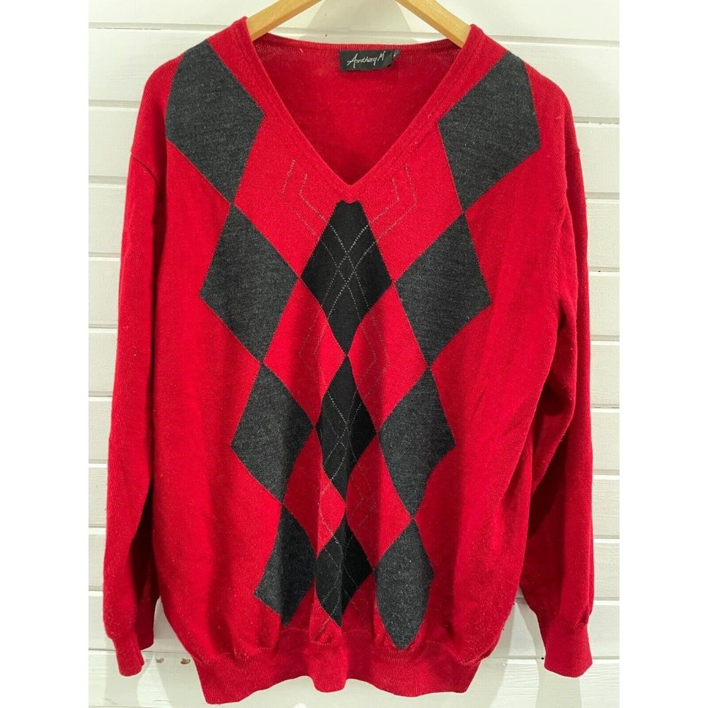 VTG Mens Anthony M V Neck Jumper Sweater XL red Argyle Diamond Merino Wool